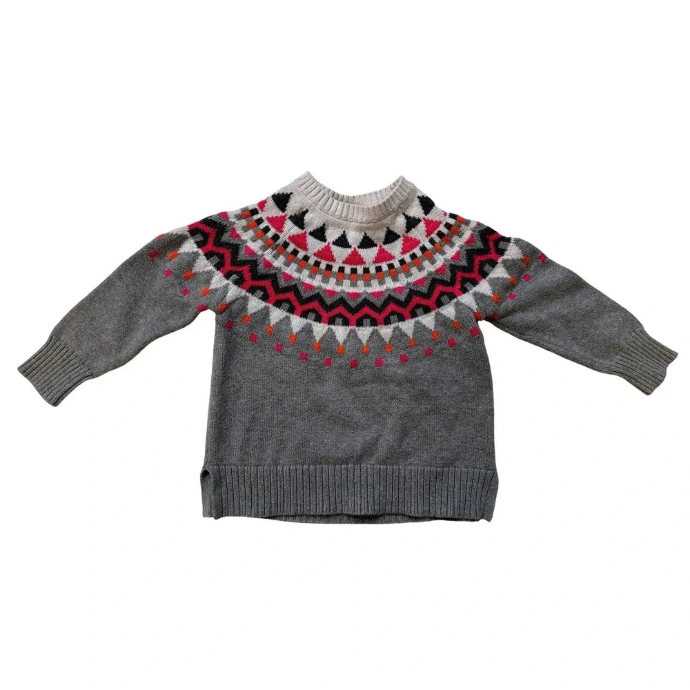 Gap Kids Fair Isle Sweater Girls XS 4-5T Gray Pink Orange Geometric BOHO Pattern